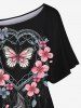 Gothic Skew Neck Batwing Sleeves Floral Heart Hair Wreath Butterfly Print T-shirt -  
