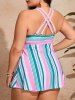 Plus Size Stripe Colorblock Print Cinched Crisscross Strapy Tankini Swimsuit -  