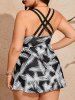 Plus Size Two Tone Graphic Print Cinched Crisscross Strapy Tankini Swimsuit -  