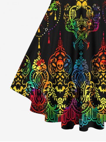 Plus Size Skull Eye Crown Floral Tassel Print Lattice Crisscross Flare Sleeve T-shirt