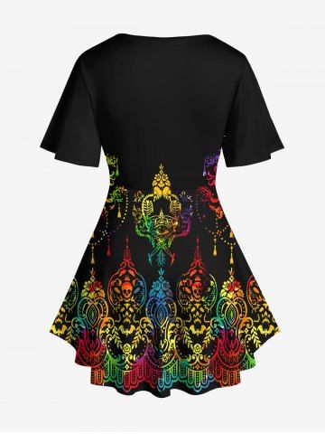 Plus Size Skull Eye Crown Floral Tassel Print Lattice Crisscross Flare Sleeve T-shirt