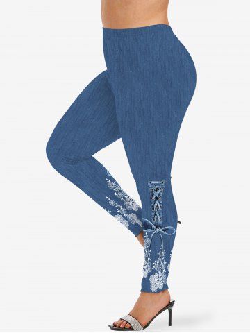 Plus Size Lace Up Floral Dnim 3D Print Leggings - BLUE - 2X