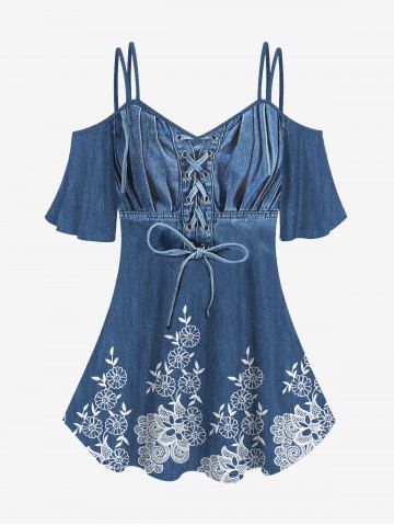 Plus Size Lace Up Flowers Ruched Denim 3D Print Cold Shoulder T-shirt - BLUE - XS