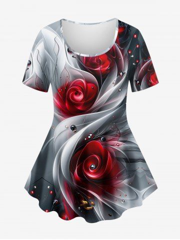 Plus Size 3D Ombre Light Beam Rose Flower Dew Print Short Sleeves T-shirt - GRAY - S