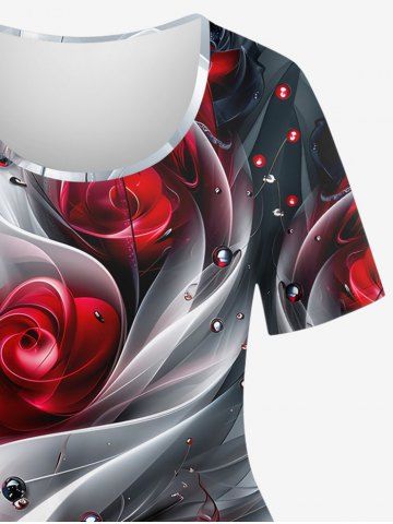 Plus Size 3D Ombre Light Beam Rose Flower Dew Print Short Sleeves T-shirt