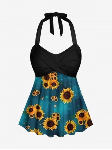 Fashion Ombre Galaxy Sunflower Print Twist Backless Halter Tankini Top - BLACK - 1X