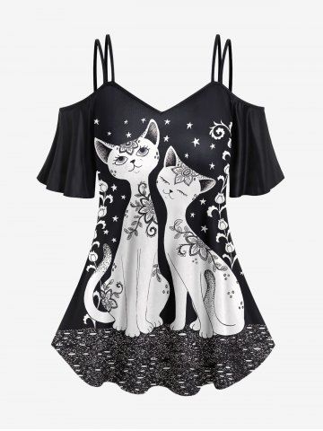 Plus Size Floral Cat Star Print Cold Shoulder T-shirt - BLACK - 6X