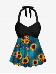 Fashion Ombre Galaxy Sunflower Print Twist Backless Halter Tankini Top -  