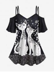 Plus Size Floral Cat Star Print Cold Shoulder T-shirt - Noir XS