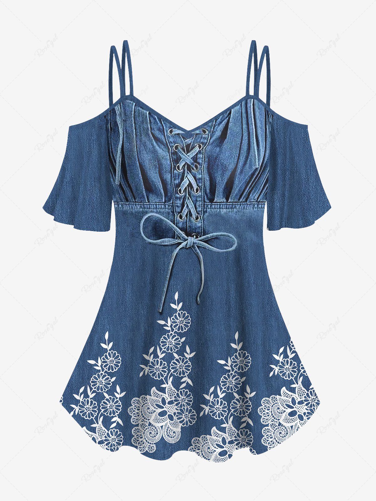 Plus Size Lace Up Flowers Ruched Denim 3D Print Cold Shoulder T-shirt Bleu 6X