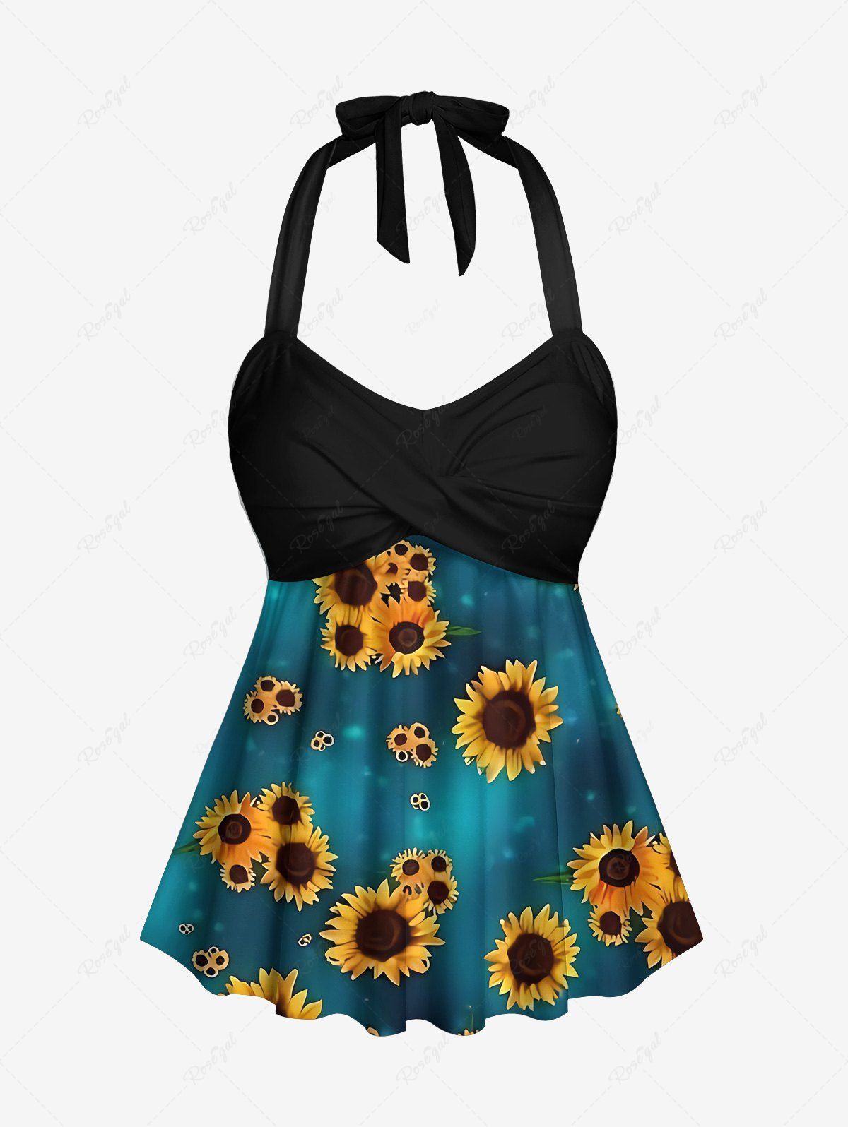 Fancy Fashion Ombre Galaxy Sunflower Print Twist Backless Halter Tankini Top  