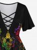 Plus Size Skull Eye Crown Floral Tassel Print Lattice Crisscross Flare Sleeve T-shirt -  