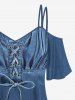 Plus Size Lace Up Flowers Ruched Denim 3D Print Cold Shoulder T-shirt - Bleu 6X