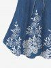 Plus Size Lace Up Flowers Ruched Denim 3D Print Cold Shoulder T-shirt - Bleu 6X