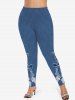 Plus Size Lace Up Floral Dnim 3D Print Leggings -  