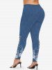 Plus Size Lace Up Floral Dnim 3D Print Leggings -  