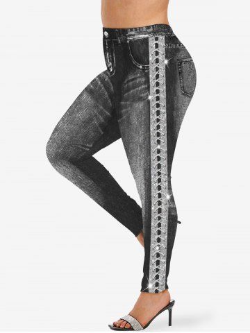 Plus Size Button Pockets Glitter Sparkling Sequin Denim 3D Print Leggings - BLACK - M