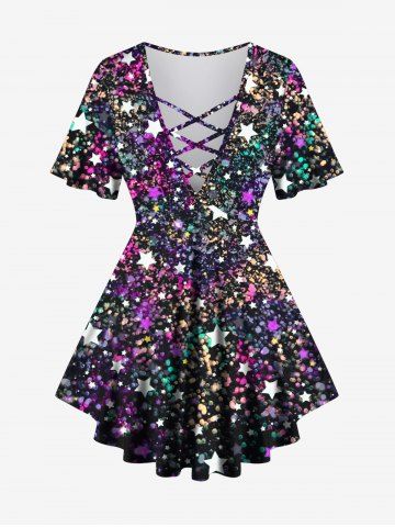 Plus Size Stars Sparkling Sequin Glitter 3D Print Lattice Crisscross Flare Sleeve T-shirt - MULTI-A - S