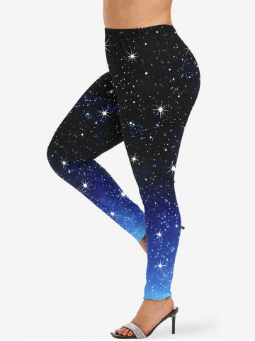 Plus Size Galaxy Star Ombre Glitter 3D Print Leggings - BLACK - 6X