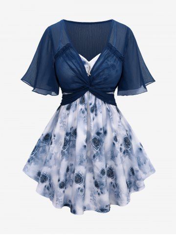 Plus Size Watercolor Rose Flower Print Lace Trim Ruched Cami Top and Ruffles Twist Blouse - BLUE - M | US 10