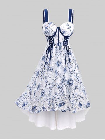 Plus Size Lace-up Flowers Print Lace Trim Straps High Low Tank Dress - WHITE - L | US 12