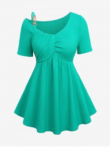 Plus Size Asymmetric Collar with Chain Strappy Textured Ribbed Solid Top - GREEN - 1X | US 14-16