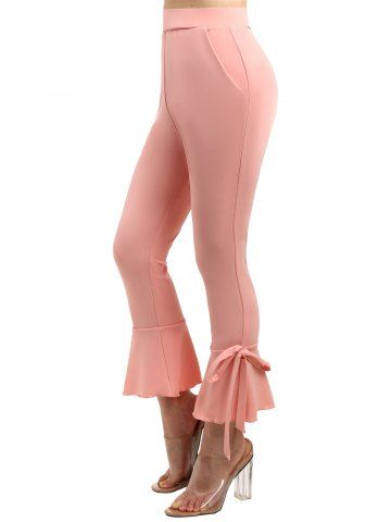 Solid Color Ruffle Hem Bowknot Tie Elastic Waist Pockets Capri Pants