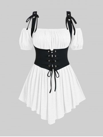 Plus Size Ruched Off Shoulder  Asymmetrical Tee With Grommets Lace Up Marled Waistcoat - MULTI-A - 5X | US 30-32