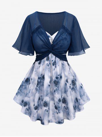Plus Size Watercolor Rose Flower Print Lace Trim Ruched Cami Top and Ruffles Twist Blouse - BLUE - 5X | US 30-32