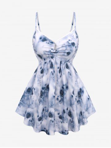 Plus Size Watercolor Rose Flower Print Lace Trim Ruched Cami Top and Ruffles Twist Blouse