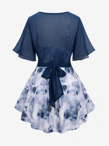 Plus Size Watercolor Rose Flower Print Lace Trim Ruched Cami Top and Ruffles Twist Blouse