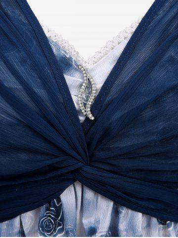 Plus Size Watercolor Rose Flower Print Lace Trim Ruched Cami Top and Ruffles Twist Blouse