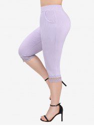 Plus Size Hollow Out Lace Trim Textured Ribbed Pockets Capri Leggings -  