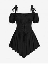 T-shirt asymétrique froncé à épaules dénudées et œillets grande taille, gilet chiné à lacets - Noir 5x | US 30-32