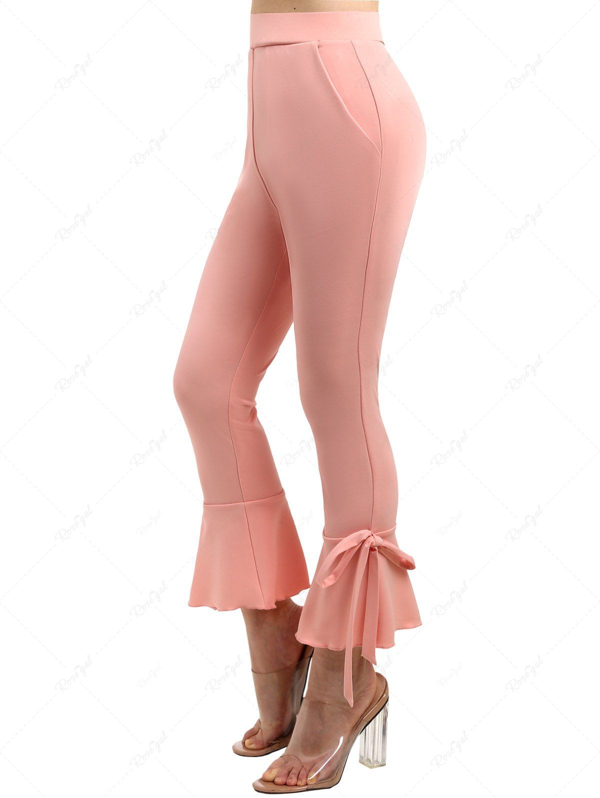 Shops Solid Color Ruffle Hem Bowknot Tie Elastic Waist Pockets Capri Pants  