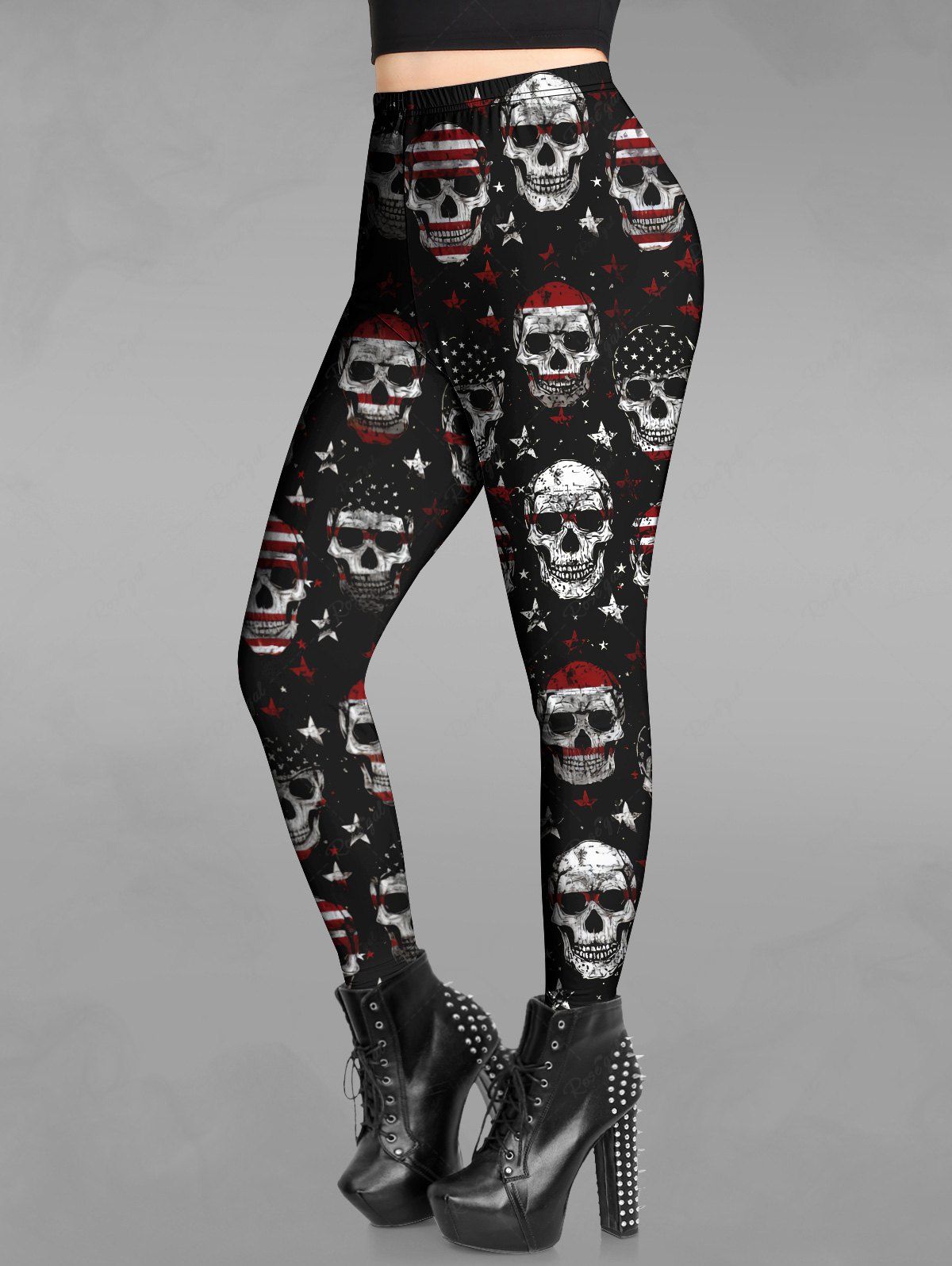 Outfit Gothic Skulls American Flag Star Print Leggings  