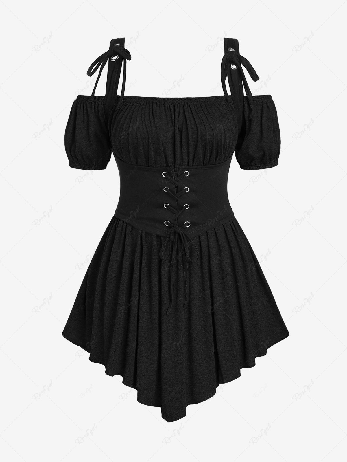 T-shirt asymétrique froncé à épaules dénudées et œillets grande taille, gilet chiné à lacets Noir 5x | US 30-32