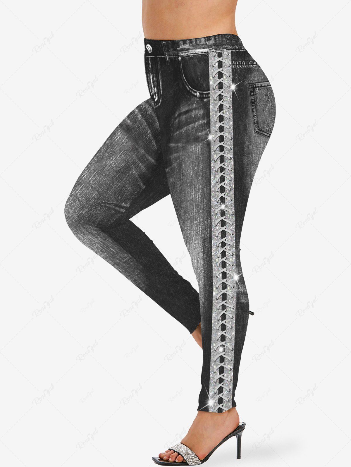 Legging Moulant 3D Bouton Imprimé de Grande Taille à Paillettes en Denim Noir 6X
