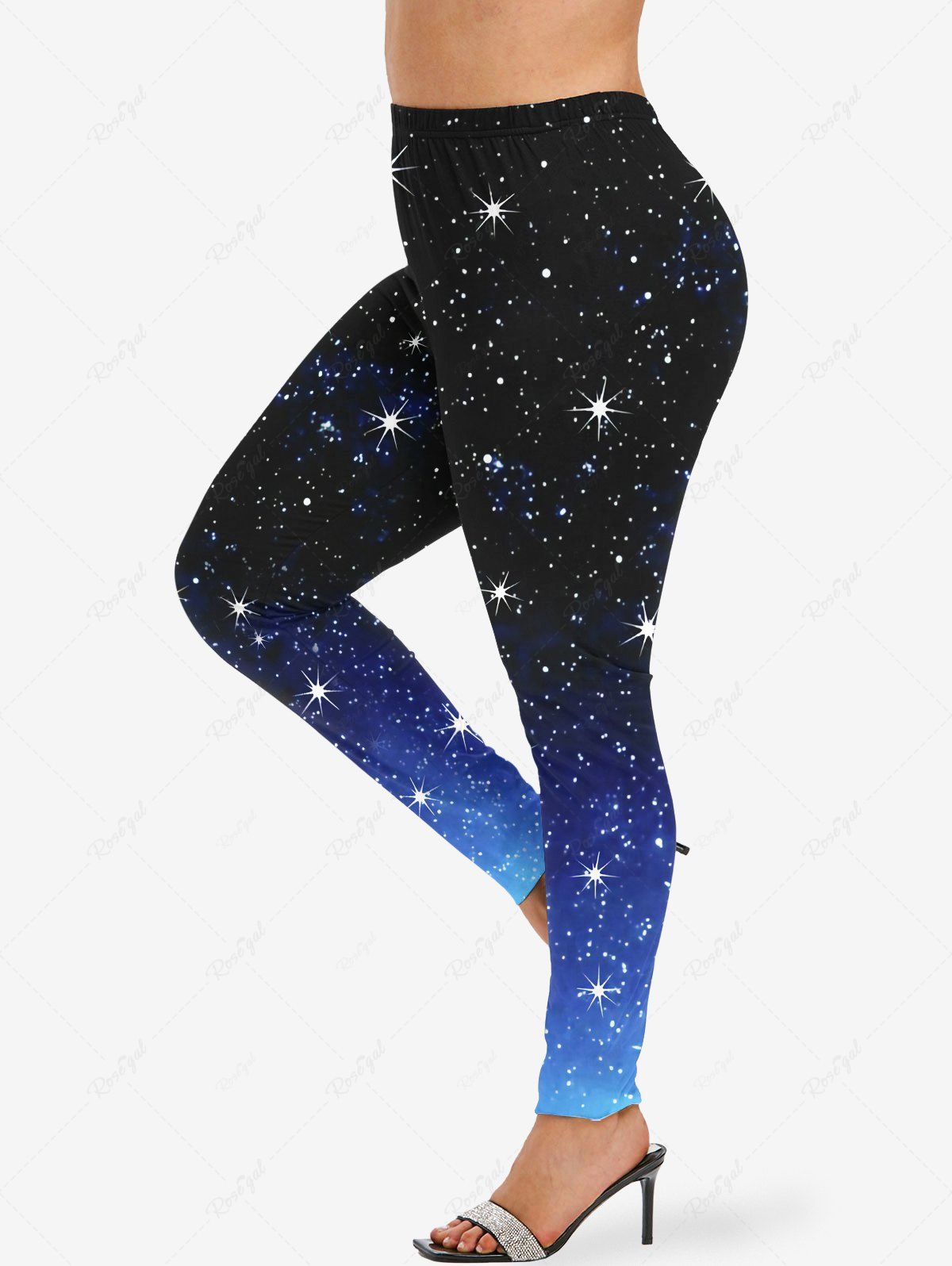 Legging 3D Etoile Galaxie Imprimée Ombré de Grande Taille à Paillettes Noir 2X