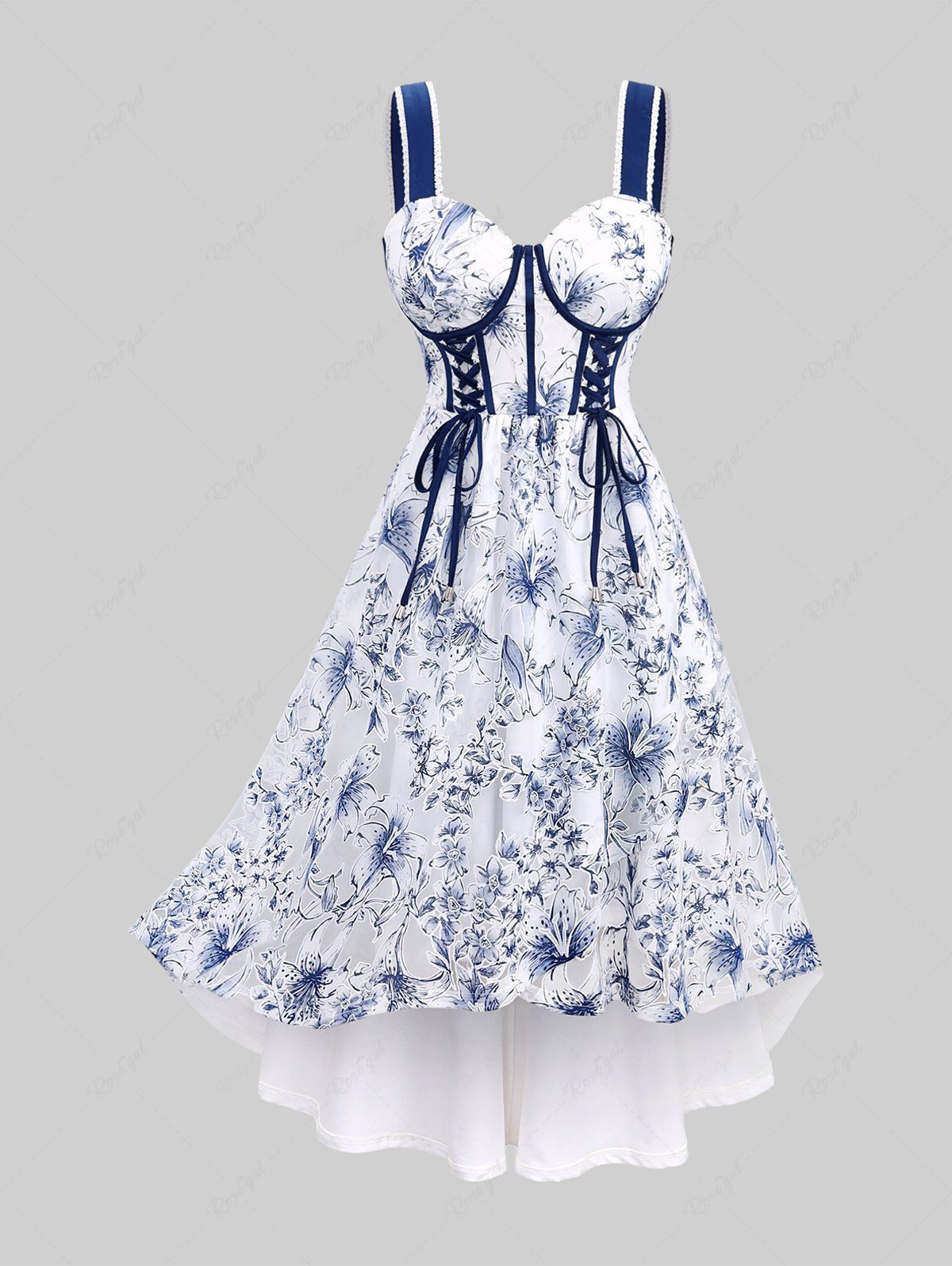 Discount Plus Size Lace-up Flowers Print Lace Trim Straps High Low Tank Dress  