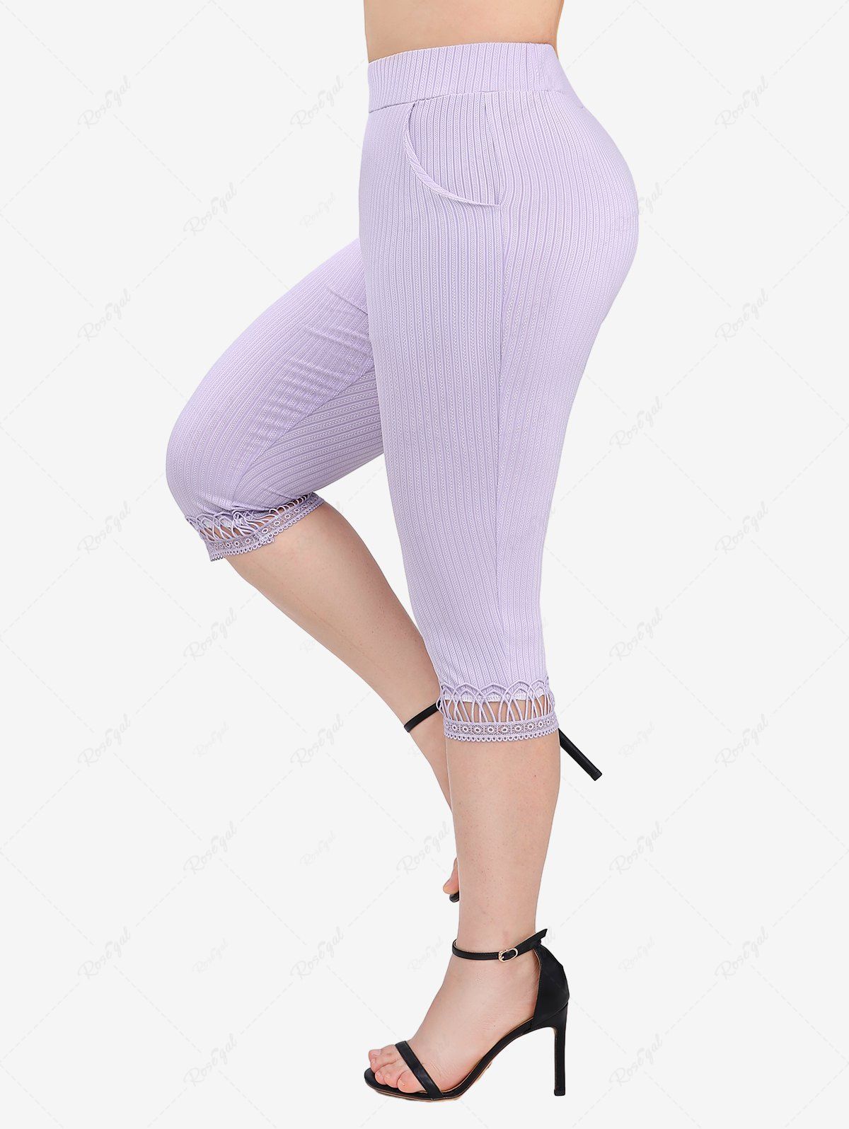 New Plus Size Hollow Out Lace Trim Textured Ribbed Pockets Capri Leggings  