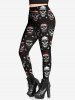 Gothic Skulls American Flag Star Print Leggings -  