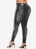 Plus Size Button Pockets Glitter Sparkling Sequin Denim 3D Print Leggings -  