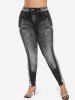 Plus Size Button Pockets Glitter Sparkling Sequin Denim 3D Print Leggings -  