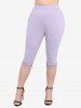 Plus Size Hollow Out Lace Trim Textured Ribbed Pockets Capri Leggings -  
