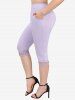 Plus Size Hollow Out Lace Trim Textured Ribbed Pockets Capri Leggings -  