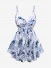 Plus Size Watercolor Rose Flower Print Lace Trim Ruched Cami Top and Ruffles Twist Blouse -  