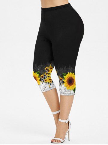Plus Size Sunflowers Colorblock Print Capri Leggings - BLACK - 6X
