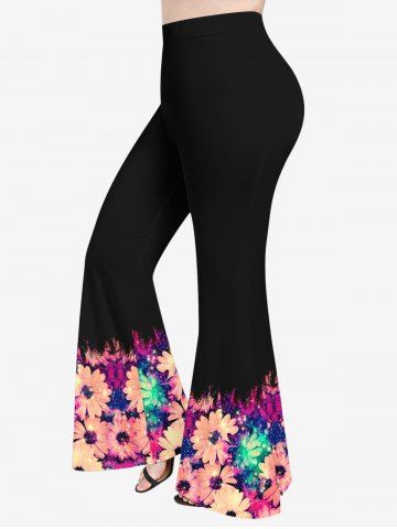 Pantalon Évasé Imprimé à Fleurs Brillantes 3D Grande Taille - BLACK - 6X