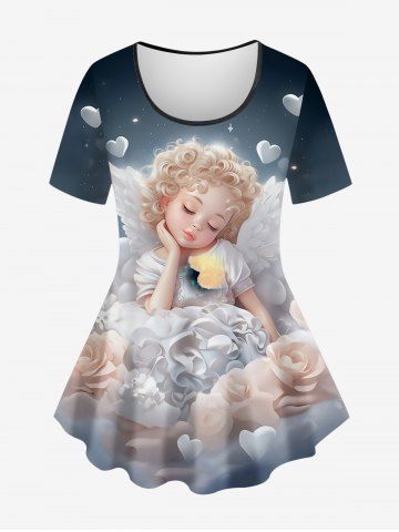 T-shirt Ombré Cœur Aile D'Ange et Fleur Imprimés en Blocs de Couleurs de Grande Taille